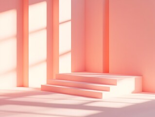 Obraz premium Ascending Illumination: A minimalist architectural design presents a staircase bathed in soft sunlight and shadows, evoking a sense of tranquility, progress and spatial harmony.
