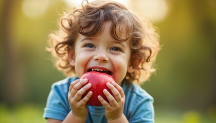 Happy curly hair kid bites juicy red apple with delight. Little boy enjoys healthy snack outdoor on bright green background. Kid eating fruit shows enjoyment, nourishment and beauty.