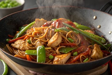 Stir Fry Noodles with Chicken and Vegetables Cooking in a Wok on High Heat, Creating Steam
