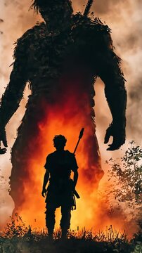 Epic showdown between a brave warrior and a colossal figure engulfed in flames during a mysterious twilight encounter