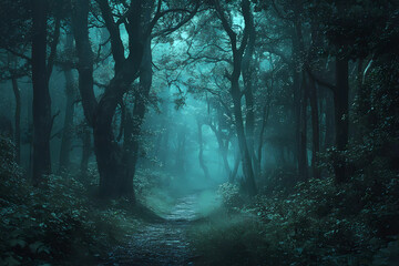 Haunted forest with eerie spirits and nature’s clues, shrouded in mystery and a sense of adventure