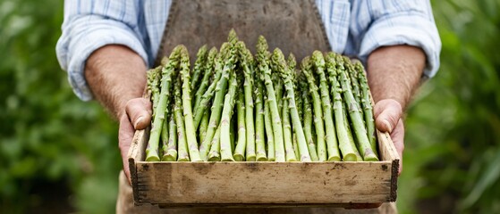 Professional Image of Farmer Holding a Box of Harvested Organic Asparagus
