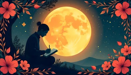 A stunning flat illustration for World Poetry Day features a poet's silhouette writing beneath a glowing crescent moon, framed by intricate floral patterns