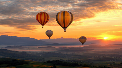 Obraz premium Breathtaking view of colorful hot air balloons at sunrise over mountains