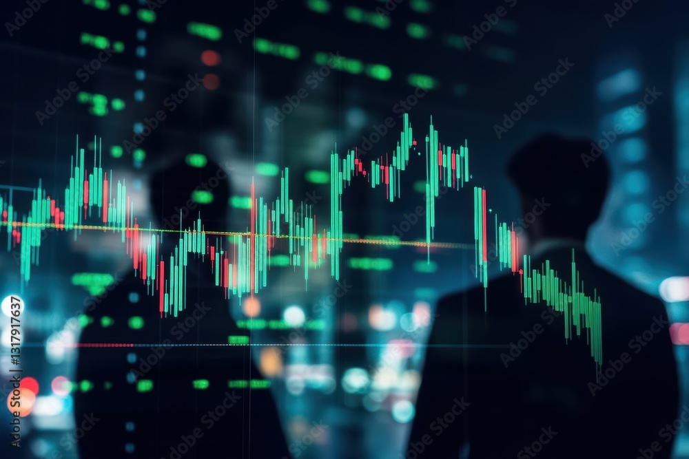 Poster focused man analyzing stock chart data on digital screen in modern office setting with intense conce