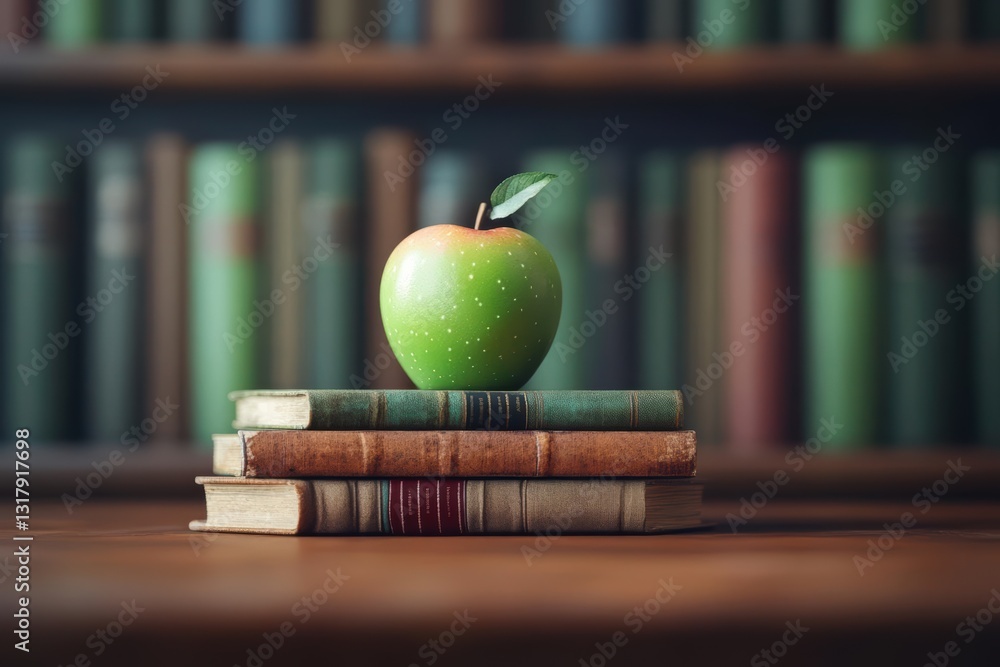Poster a fresh red placed elegantly on a stack of colorful books symbolizing knowledge and curiosity in a c