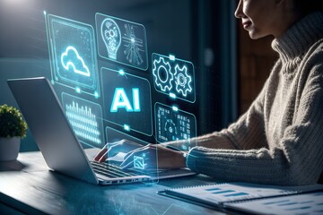 Woman using AI technology on laptop for data analysis and cloud computing innovation
