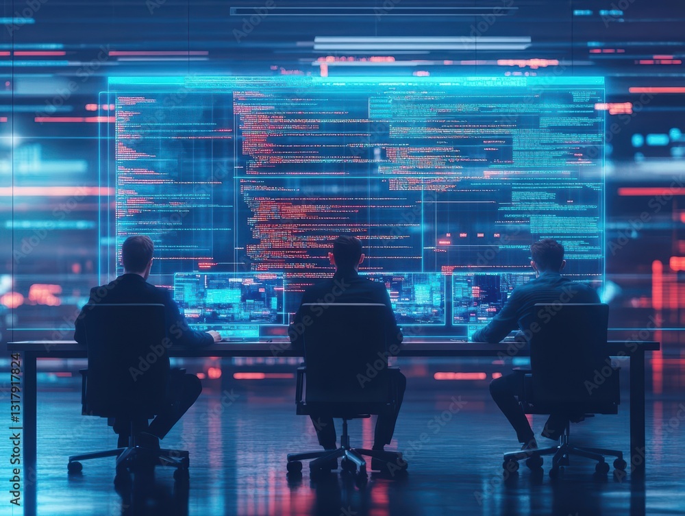 Poster two individuals engaged in conversation at a table with a computer screen displaying information in 