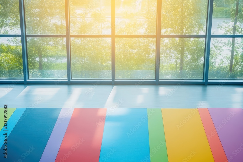 Poster vibrant colorful floor design with sunlight streaming through a large window creating a bright and i