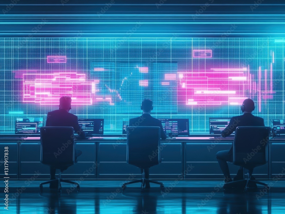 Poster two individuals engaged in work at desks with illuminated neon lights casting a vibrant glow on a la