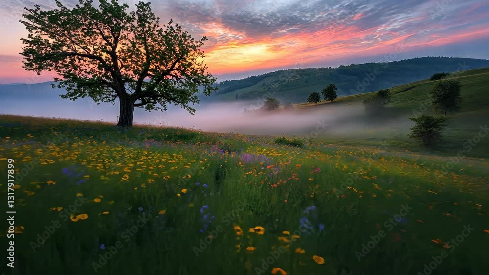 Poster sunrise over a misty field with wildflowers and a single tree in the foreground, creating a tranquil
