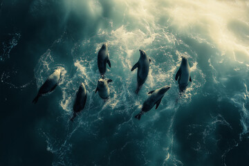 Obraz premium Pod of playful seals swimming through cool water, exuding marine energy and adorable aquatic movement