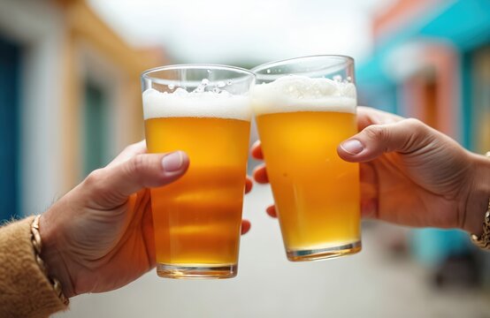 Friends clinking beer glasses. Man and woman hands holding beer outdoors. Celebration with beverage in transparent cups. Festive toast. Bonding and friendship cheers with beer.