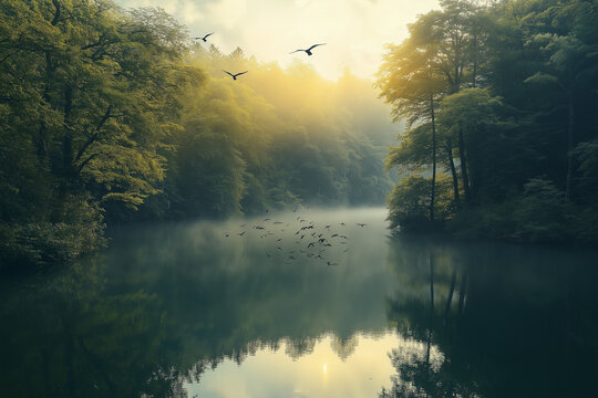 Tranquil lake surrounded by dense trees with birds, offering a peaceful retreat in natural serenity