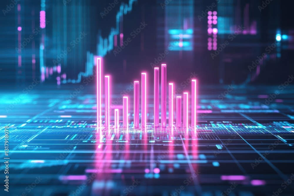 Poster vibrant digital background featuring a dynamic pink and blue bar chart representing data trends and 