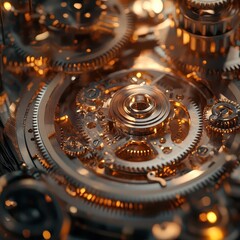 Intricate Macro View of Golden Mechanical Gears and Clockwork Parts
