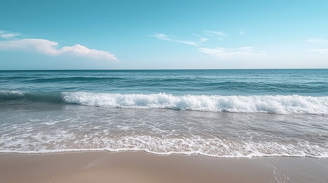 A serene view of the sea from white sand beach with gentle waves and a clear blue sky with a few seashells