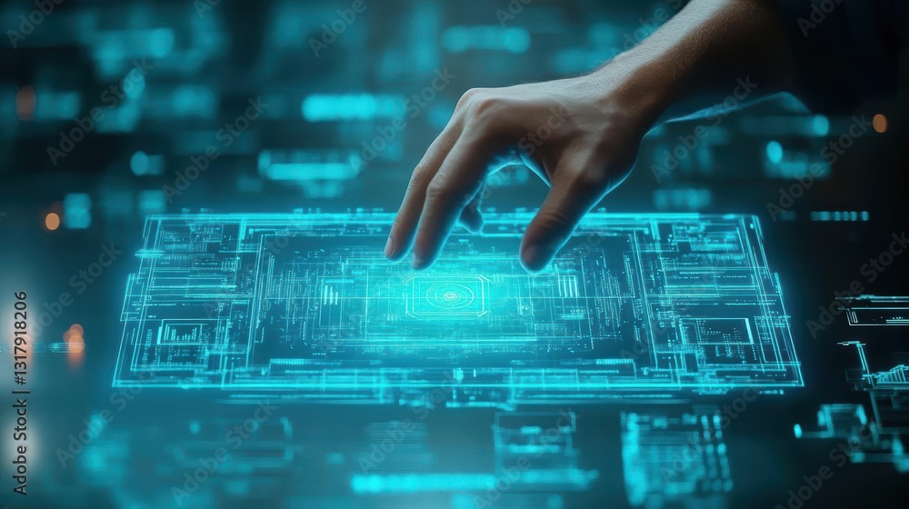 Poster intricate circuit board with a hand gently touching the surface amidst a background of complex elect