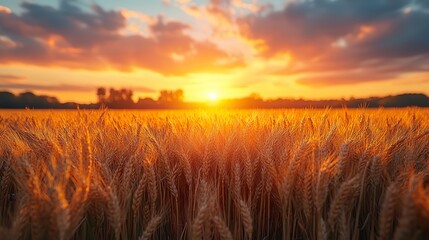 Fototapeta premium a picturesque scene of a wheat field at sunset casting warm hues across the landscape