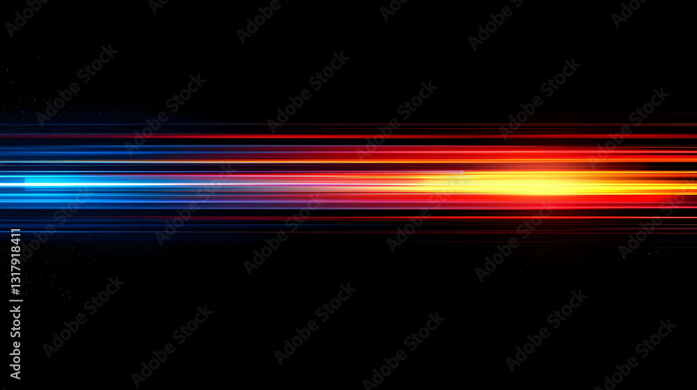 Poster dynamic abstract composition with horizontal multicolored light streaks against black background