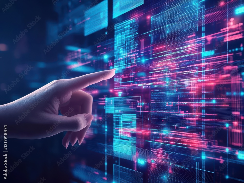 Poster a person's hand gracefully touching an innovative digital interface with soft glowing lights creatin
