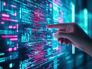 Obraz premium Intriguing Close-Up of a Hand Interacting with a Computer Screen on a Vibrant Blue Background Evoking a Sense of Modern Technology and Connectivity