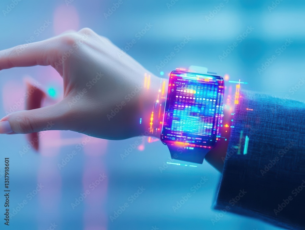 Poster person holding a colorful smart watch displaying time and notifications with modern design in a brig