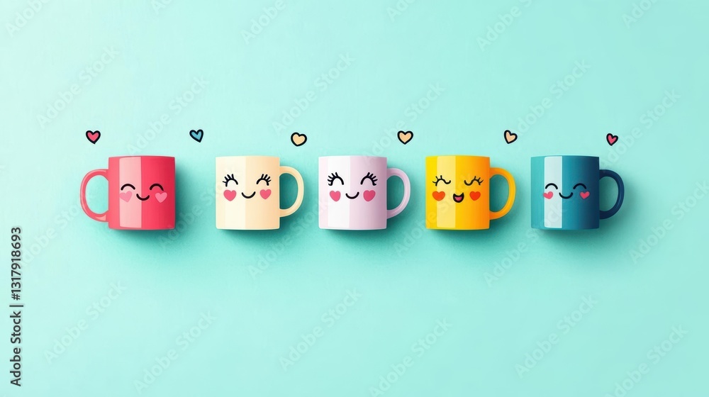 Poster vibrant array of colorful coffee mugs with unique faces displayed on a wooden table creating a playf
