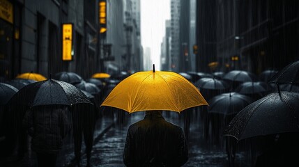 Businessman with yellow umbrella walking in rainy city street among people with black umbrellas, expressing individuality and optimism