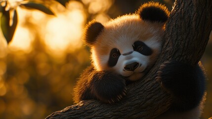 Golden Hour Panda Cub Resting on Tree Branch