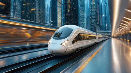 Fototapeta premium high speed train racing past futuristic skyscrapers in vibrant cityscape
