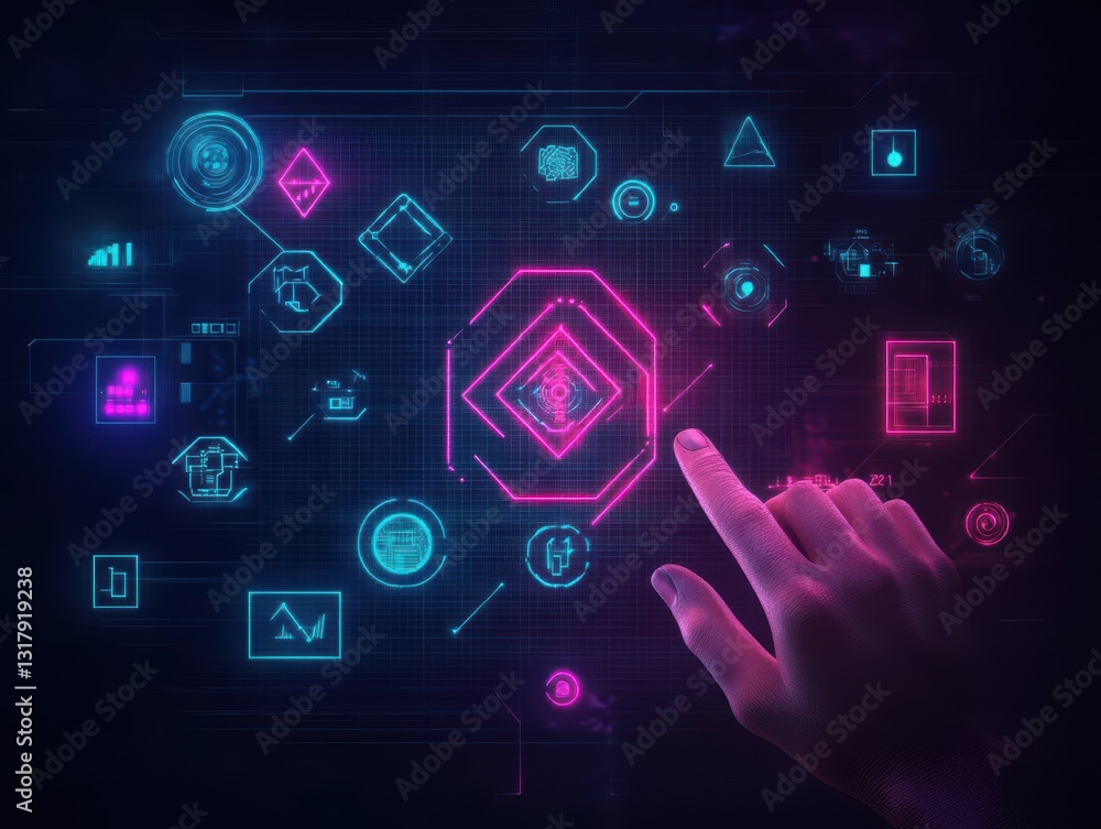 Poster a close-up of a hand engaging with a modern touch screen display featuring various interactive icons
