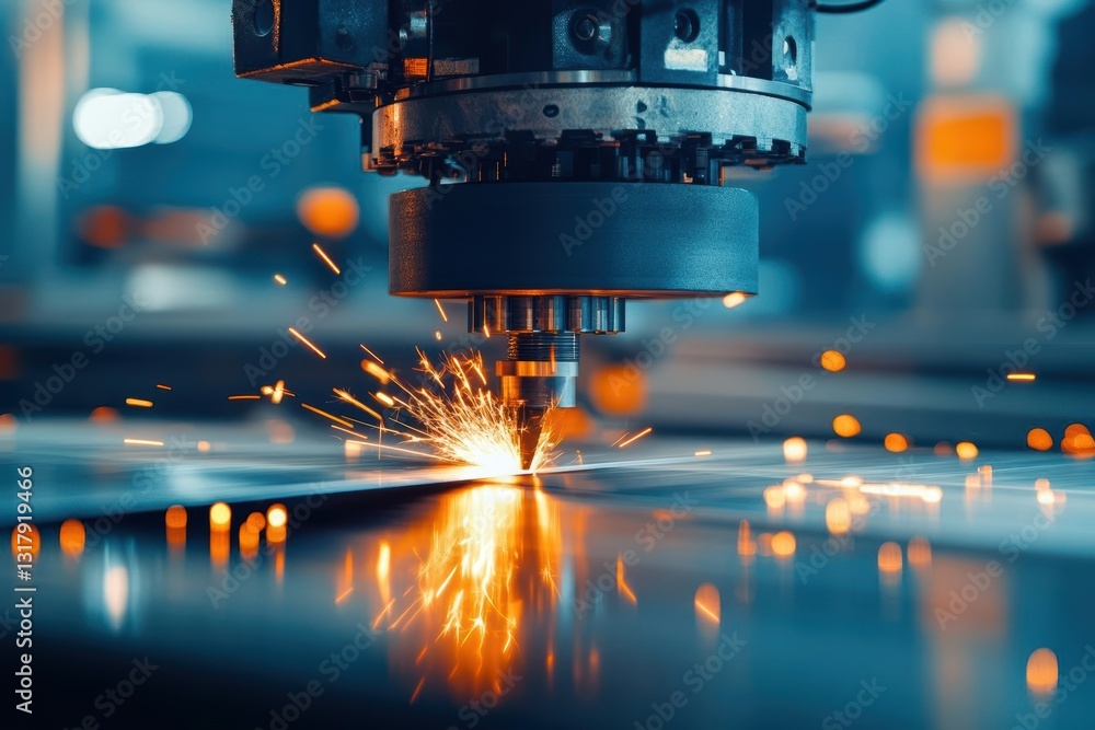 Poster dynamic c n d milling machine producing sparks in industrial workshop environment showcasing precisi