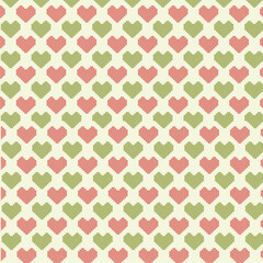 Cross-stitch heart pattern in red and green on a cream background. Vintage folk-style seamless design perfect for crafts, fabric, and holiday themes.