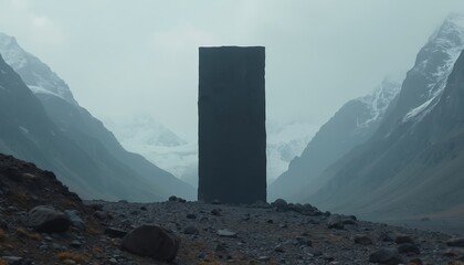 Mysterious black monolith stands amid high cold mountains. Square stone figure dominates landscape. Sci-fi, conceptual art, symbol of future, technology, unknown. Dramatic, gloomy scene. Dark stone