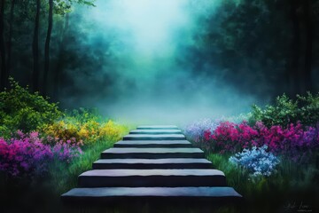 Fototapeta premium Enchanting Painting of a Winding Stairway Leading to a Lush Forest Surrounded by Vibrant Greenery and Soft Sunlight Creating a Tranquil Atmosphere