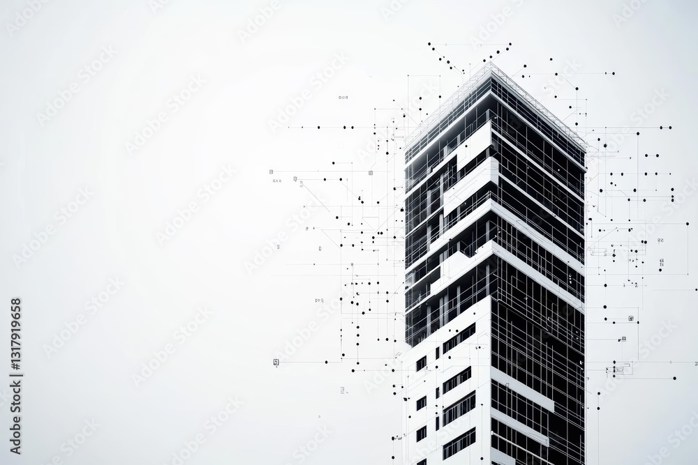 Poster unique architectural design showcasing a building with numerous dots on its facade creating a modern
