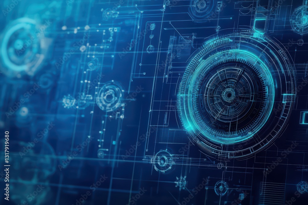 Poster intricate blueprint of a circular device showcasing detailed engineering design elements in a techni