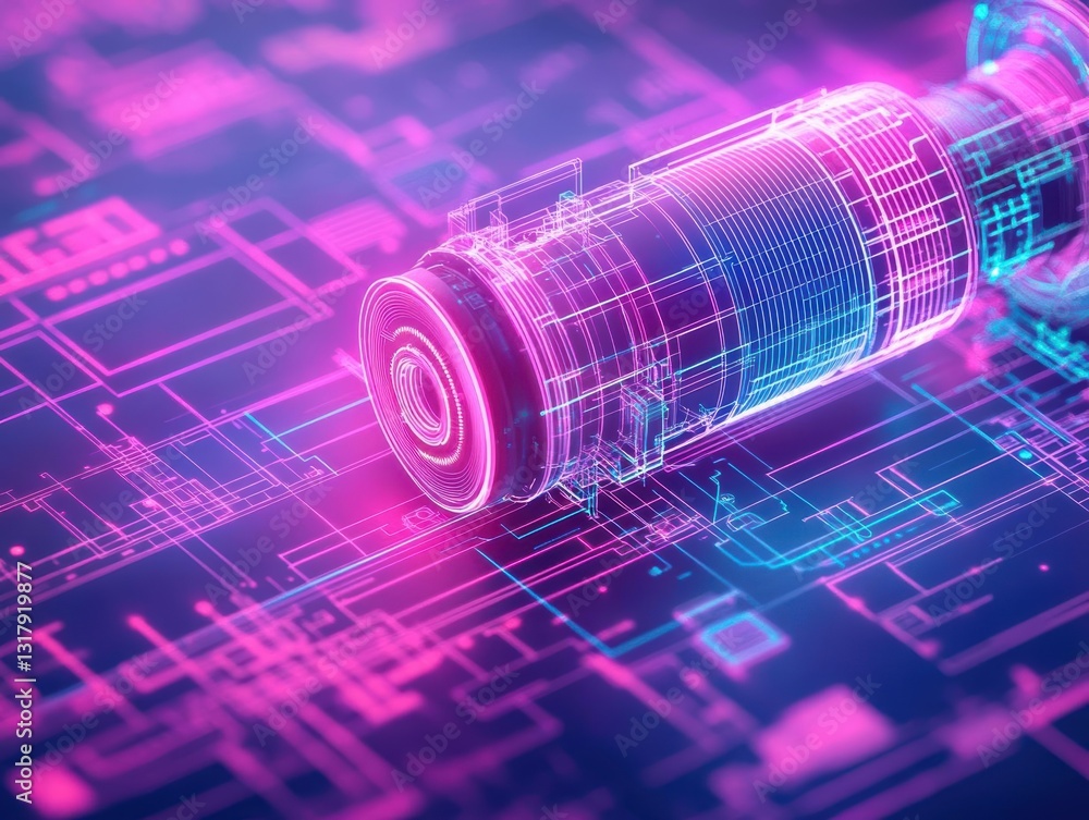 Poster intricate close-up of a camera lens positioned on a detailed blueprint background highlighting techn