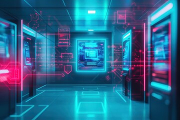 Vibrant Hallway Illuminated by Neon Lights Featuring a Futuristic Digital Interface Creating a Dynamic and Energetic Atmosphere for Modern Spaces