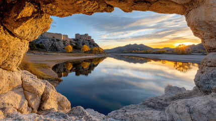 Obraz premium majestic stone fortress reflects in calm river at sunset