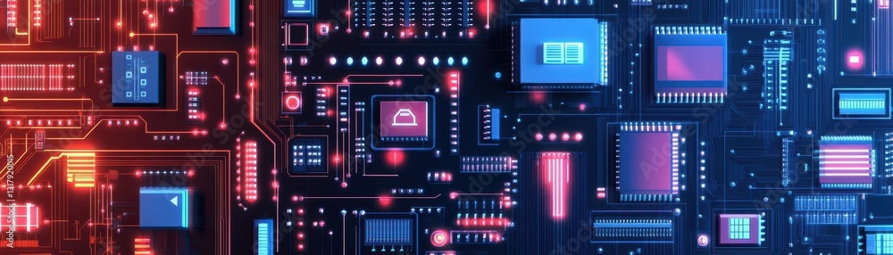 Poster intricate computer circuitry with vibrant multicolored lights creating a dynamic and futuristic atmo