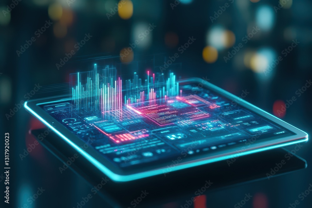 Poster modern tablet featuring advanced digital interface displaying vibrant graphics and user-friendly nav
