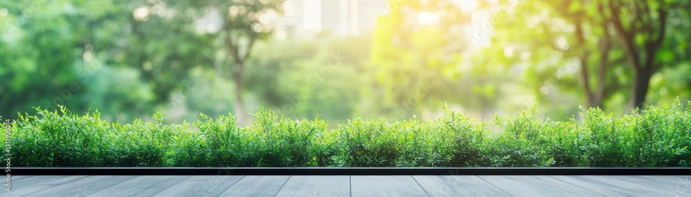 Poster warm wooden floor overlooking a lush green forest with soft focus background creating a calm and inv