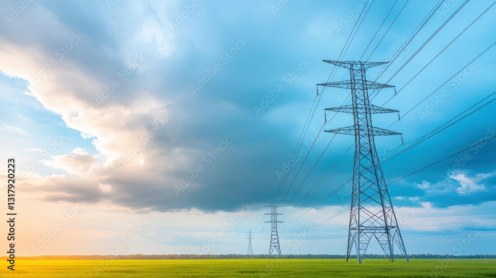 Poster vast open field under a bright blue sky with tall power lines stretching horizontally creating a ble
