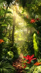 Sunlit Path Through Lush Tropical Jungle