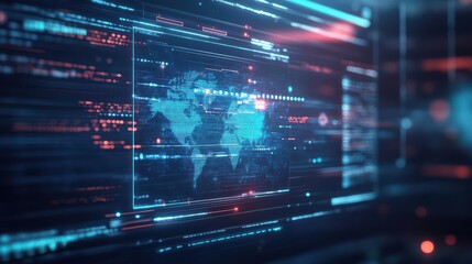 Fototapeta premium Illuminated Digital Display Featuring Detailed World Map Design with Vivid Colors and Geographical Features Highlighting Global Connections and Exploration