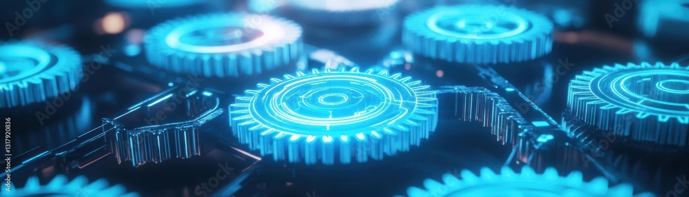 Poster intricate close up of mechanical gears illuminated by glowing blue lights creating a futuristic and 