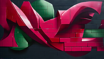 Vibrant pink and green graffiti art on a brick wall, showcasing dynamic shapes and textures.  A modern urban art masterpiece.