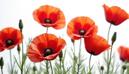 Naklejka premium Photo of red poppy flowers, buds on white background. Charming vibrant summer blossoms with green stems. Floral design element for card, invitation, wedding. Wildflower nature photo.